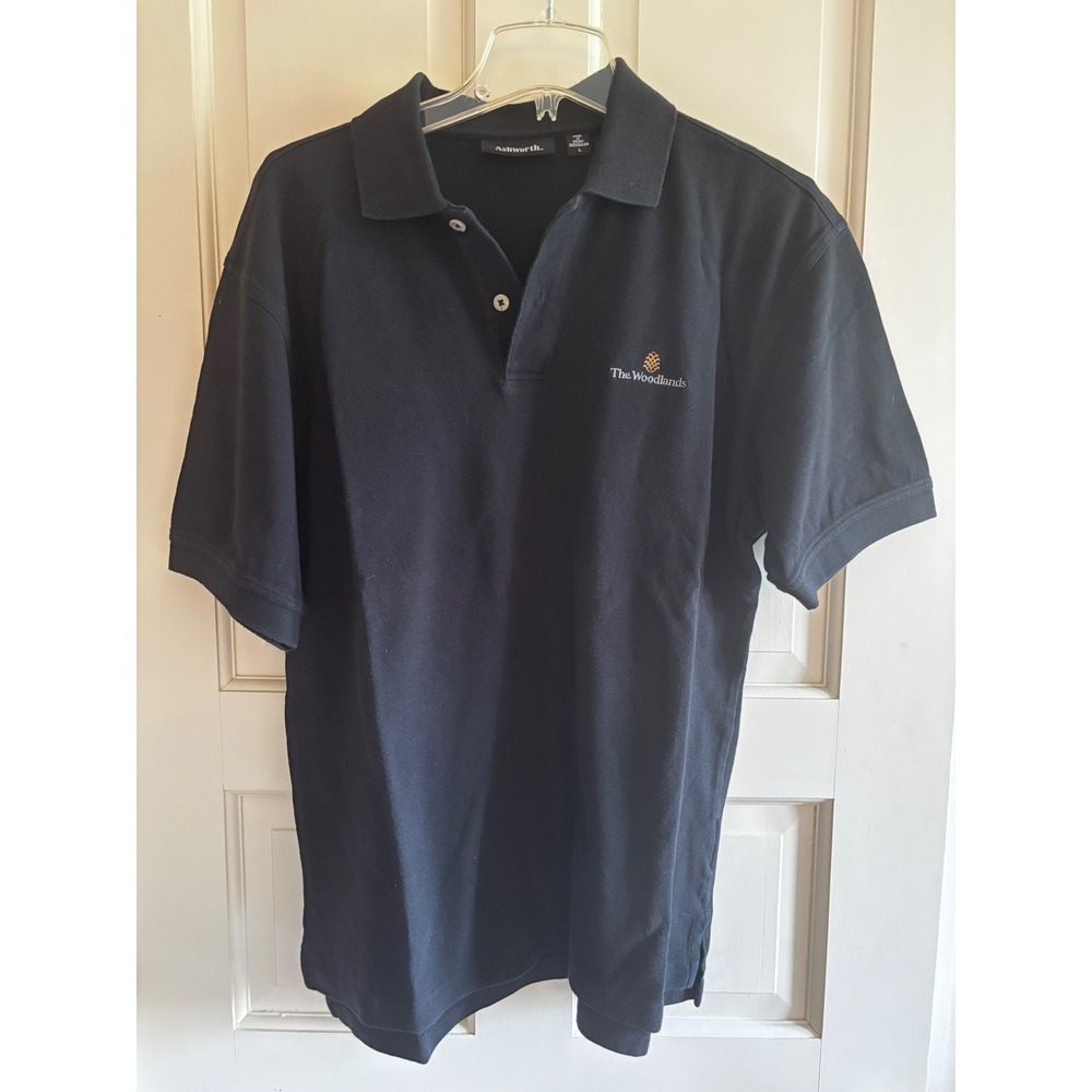 Ashworth Mens Black The Woodlands Embroidered Logo Pique Golf Polo Shirt Large